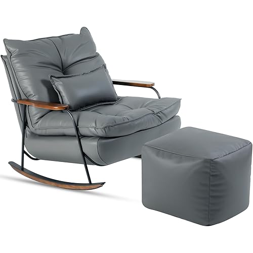 zyz Rocking Chair with Ottoman and Pillow, Mid-Century Modern Recliner, Reclining Nursery Rocker, Wood Armchair, 25° Rocking Motion, Lazy Sofa for Living Room Bedroom Balcony, PU Leather, Dark Grey