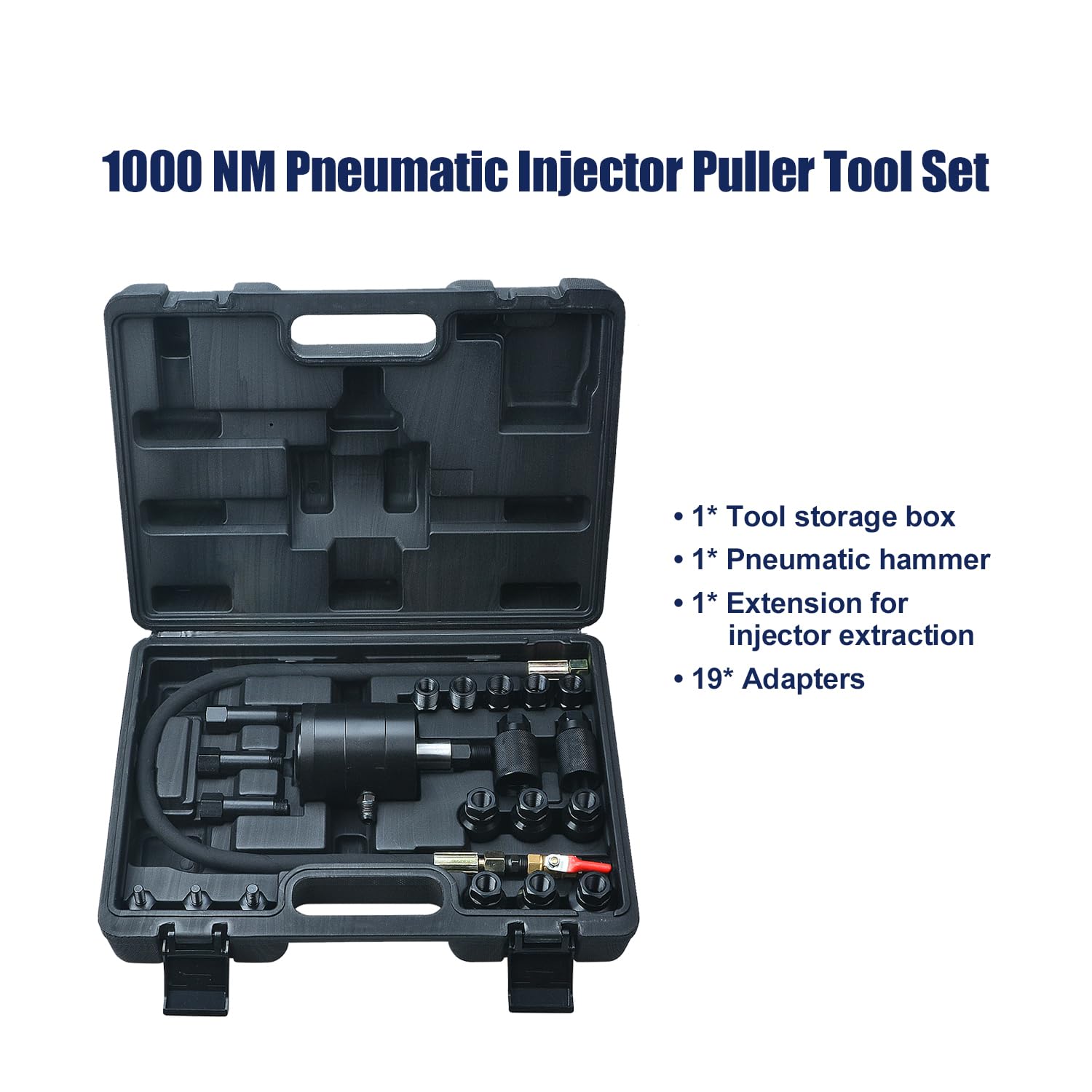 21 Piezas Juego de Extractor neumático de inyectores para Motores diésel, Kit de extracción de inyectores con 19 adaptadores