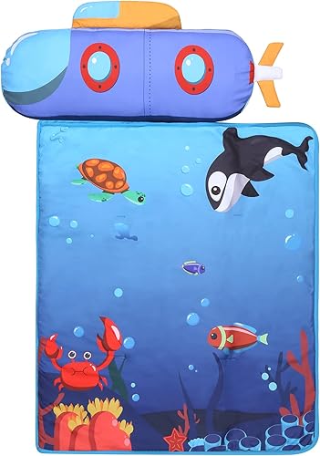 Lyercw Blue Submarine - Tapete para siesta para niños, saco de dormir con manta y almohada, cama para guardería, preescolar o jardín de infantes,