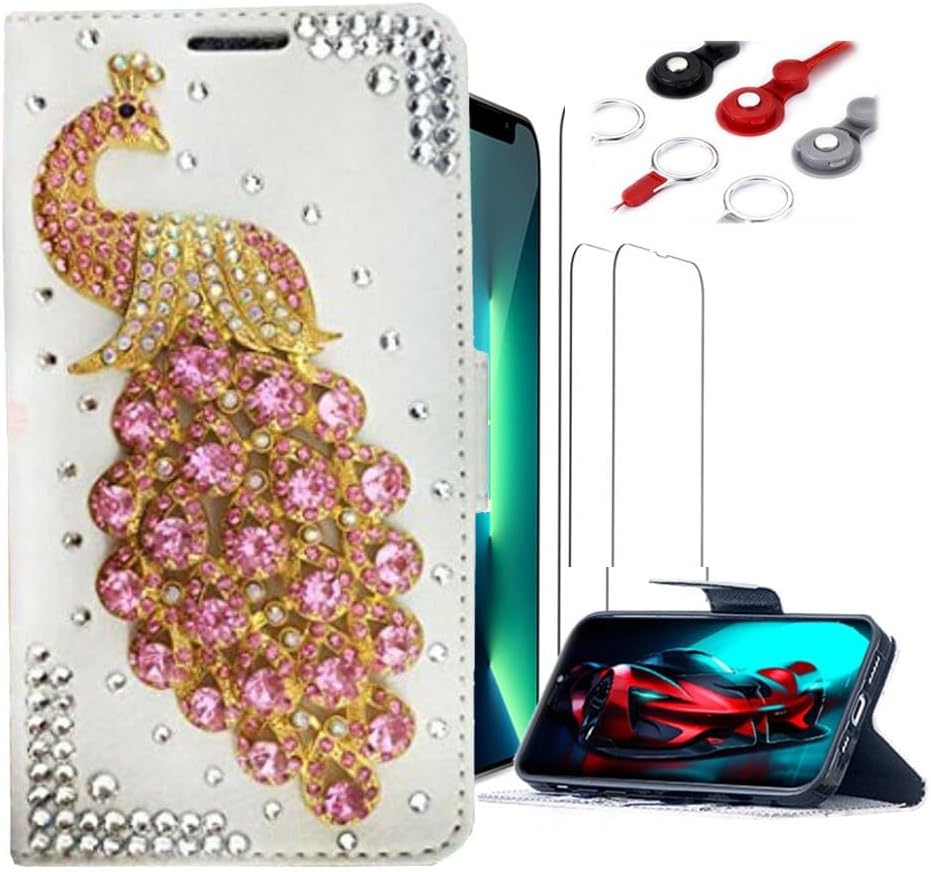 Glitter Wallet Phone Case Compatible with iPhone SE 2020 - Girls Women 3D Luxury Shiny Bling Handcrafted Leather Protective Cover with Screen Protector, Phone Lanyard - Hot Pink Peacock