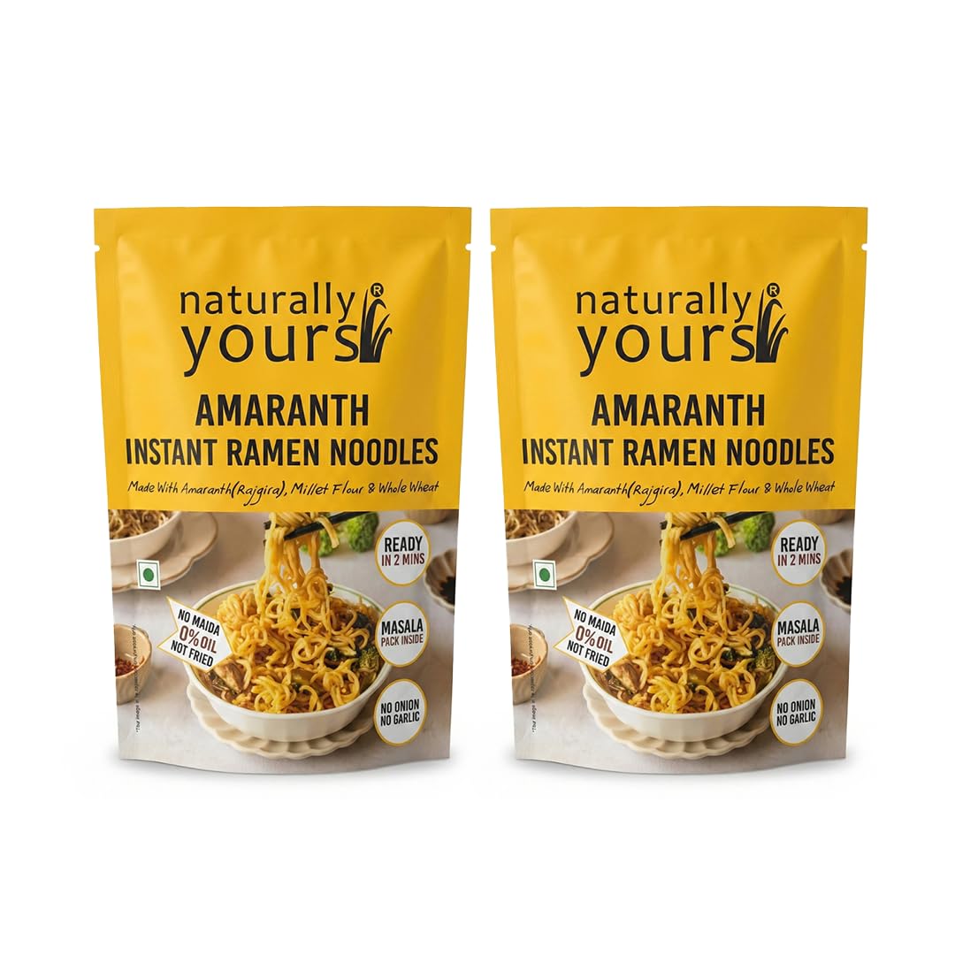 Naturally Yours Amaranth Instant Ramen Noodles – Amaranth, Millet & Whole Wheat | High Protein & Magnesium | No Maida, No MSG, Not Fried | No Onion No Garlic, 100% Jain Friendly | Ready in 2 Mins | 175g Pack of 2 with Tastemaker