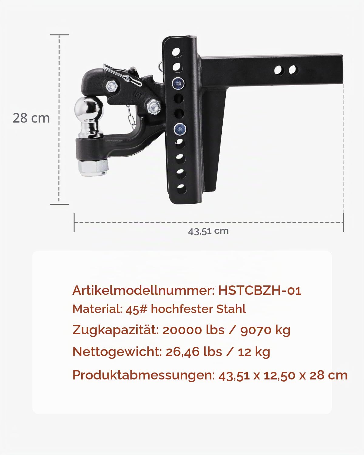 VEVOR Anhängerkupplung, 9070 kg, für 50,8 mm Anhängekupplungshaken, Kombination aus 50,8 mm Kugelkopf, passend für 63,5-76,2mm Lünettenring, 152,4 mm Anstieg & Absenkung, Schwarze Pulverbeschichtung