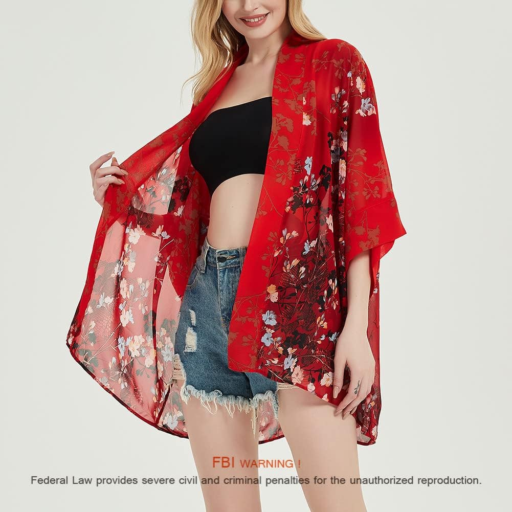 Women's Loose Print Sheer Chiffon Kimono Beach Swim Cover up Cardigan Capes Blouse Tops - Image 2