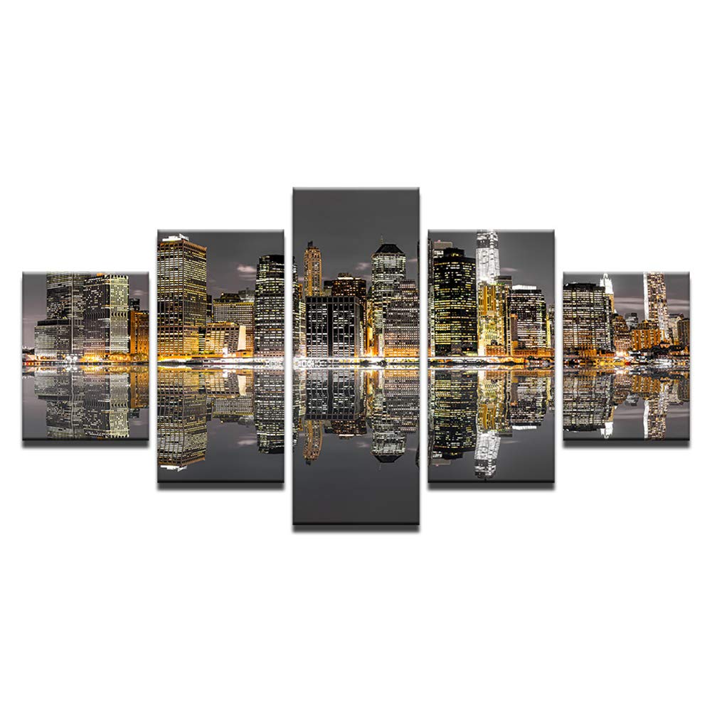 Peinture sur toile ville vue moderne, tableau déco murale 5 pièces encadré pour salon et bureau