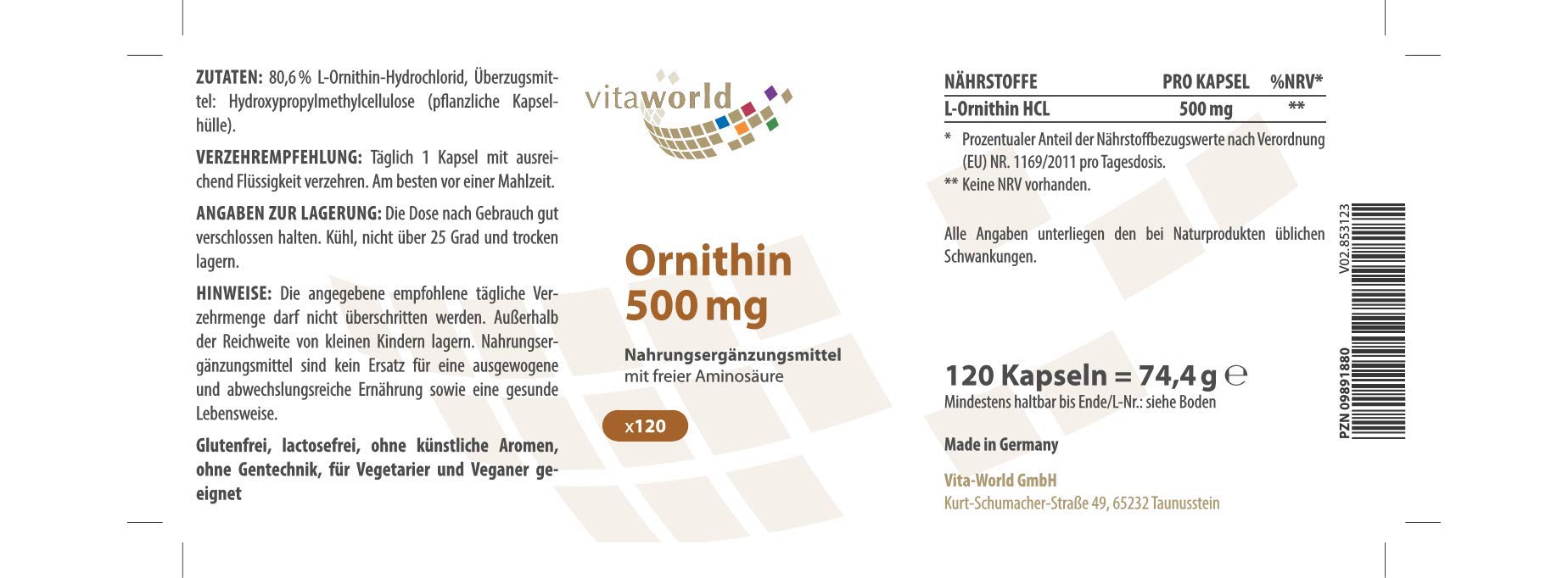Vita World L-Ornitina 500mg 120 Capsule Made in Germany