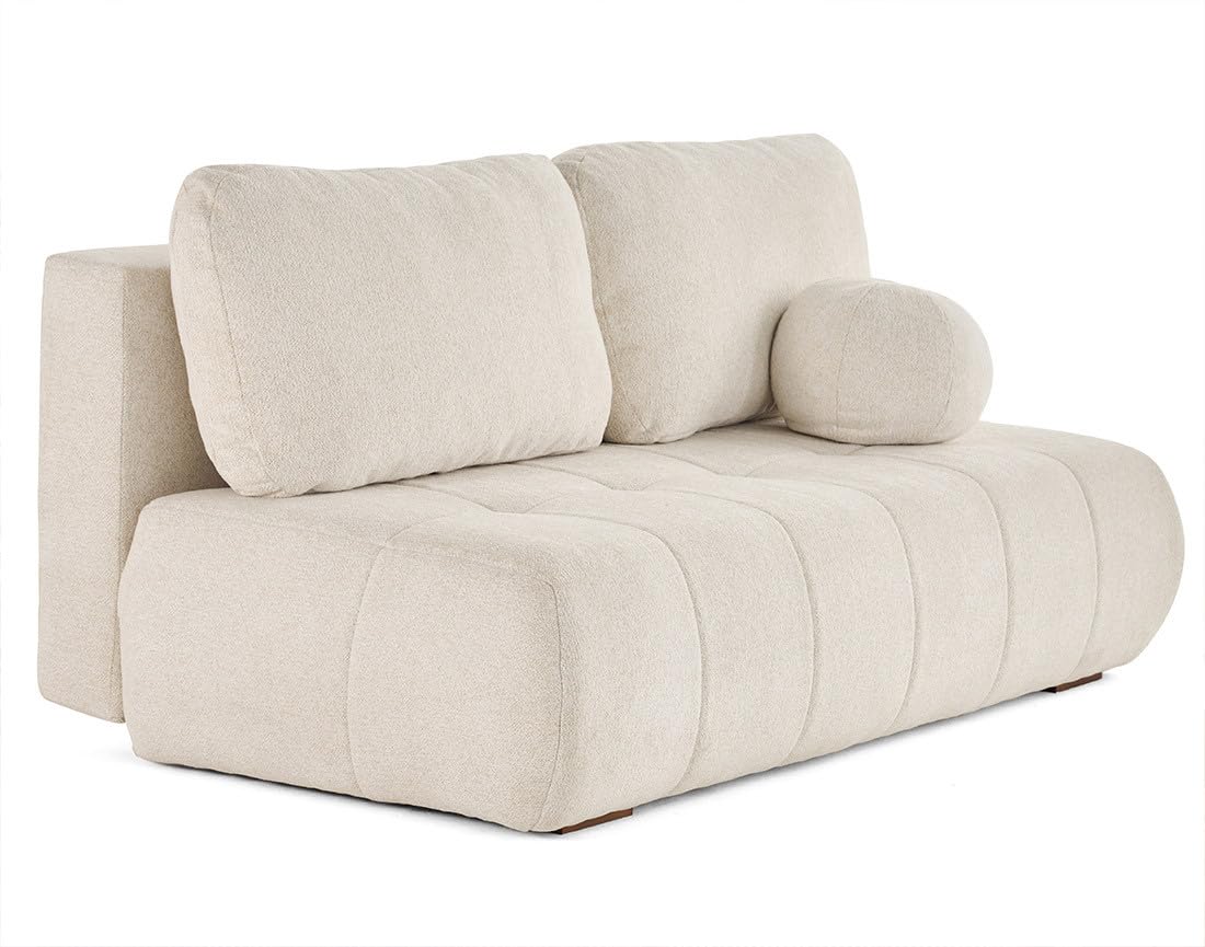 Best Mobilier – Bowie – 3-Sitzer-Sofa ausklappbar, Truhe + rundes Kissen, inklusive strukturiertem Stoff, Beige