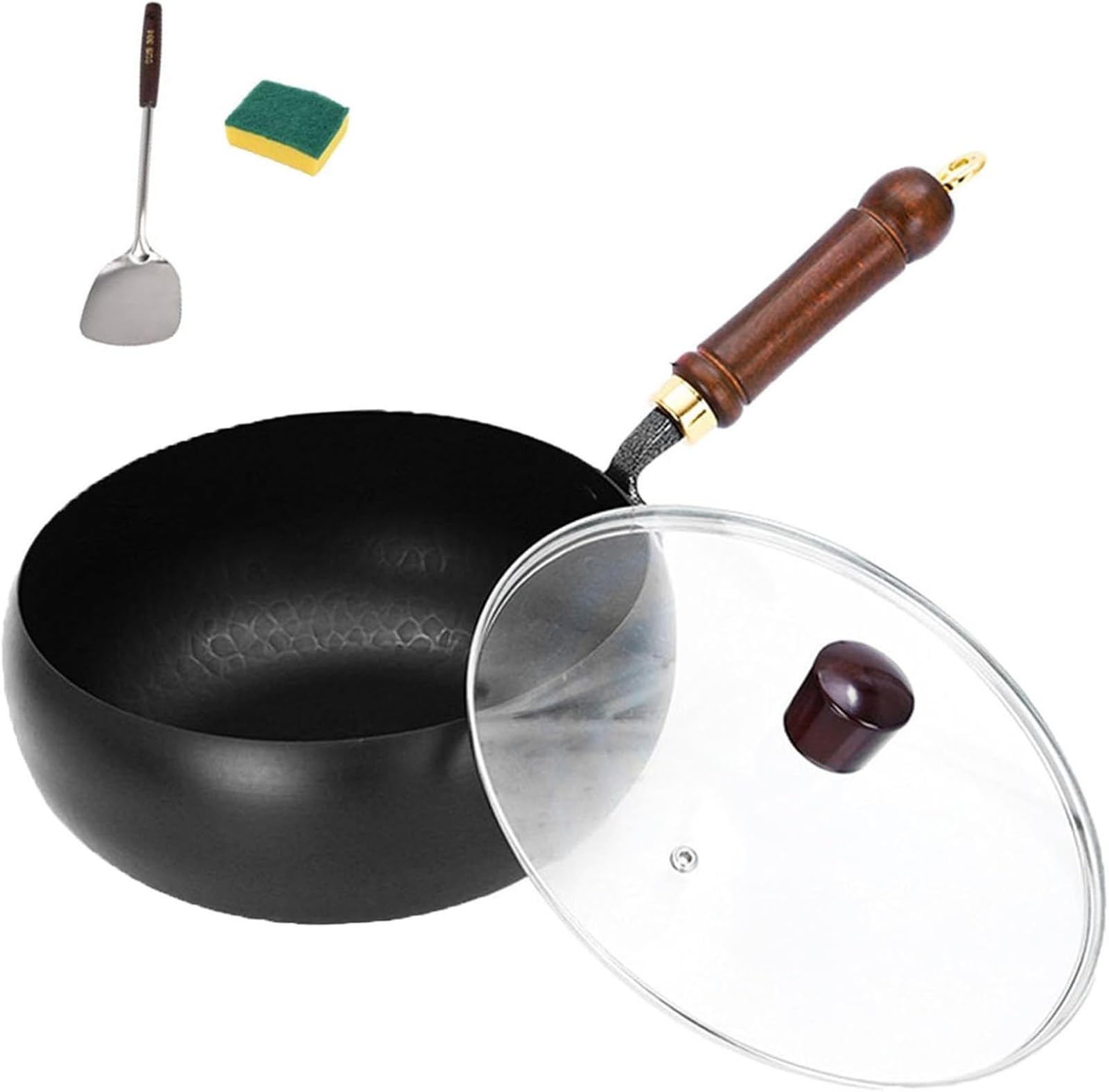 Sartén wok con tapa, sartén de hierro forjado a mano, wok de hierro fundido antiadherente para inducción, gas, cocinas eléctricas, tapa de vidrio, 9.45 pulgadas, esencial de cocina versátil