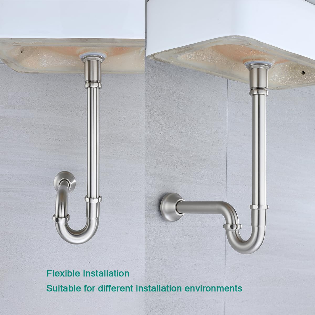 Tubo de drenaje de latón en forma de U de 1 1/4 pulgadas con tubo de extensión de junta deslizante, longitud de tubo vertical de 12 pulgadas, altura ajustable, kit de drenaje de trampa de residuos