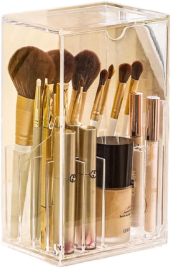 Magnetic Dust‑Proof Makeup Storage Cabinet, Large Capacity PS Plastic Vanity Cosmetic Organizer with Adjustable Dividers, Flip‑Top Dust Cover Skincare Lipstick Display Case for Bathroom Dresser Counte