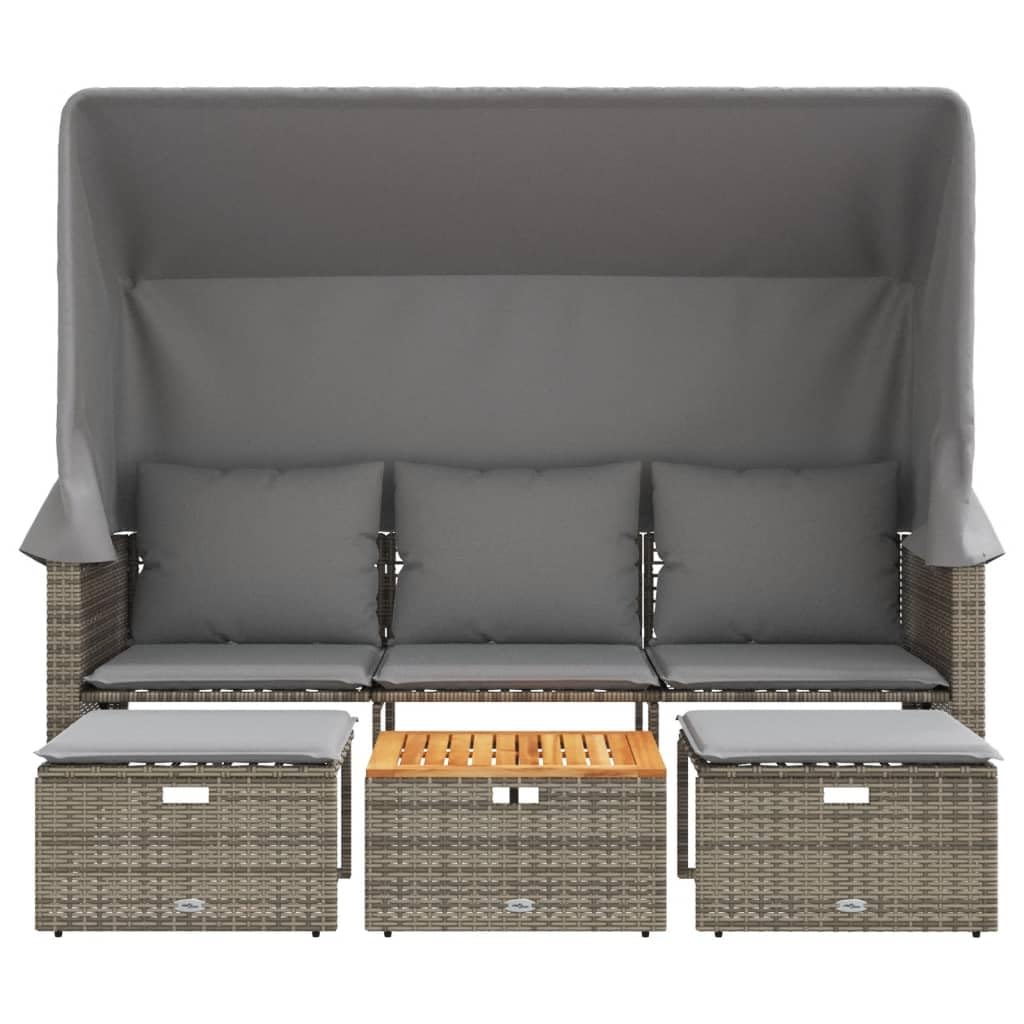 3-osobowa sofa outdoorowa z wysuwanym dachem, 2 taborety i stół, zestaw mebli ogrodowych z szarego polirattanu, odporna na działanie promieni UV, odporna na warunki atmosferyczne, na taras