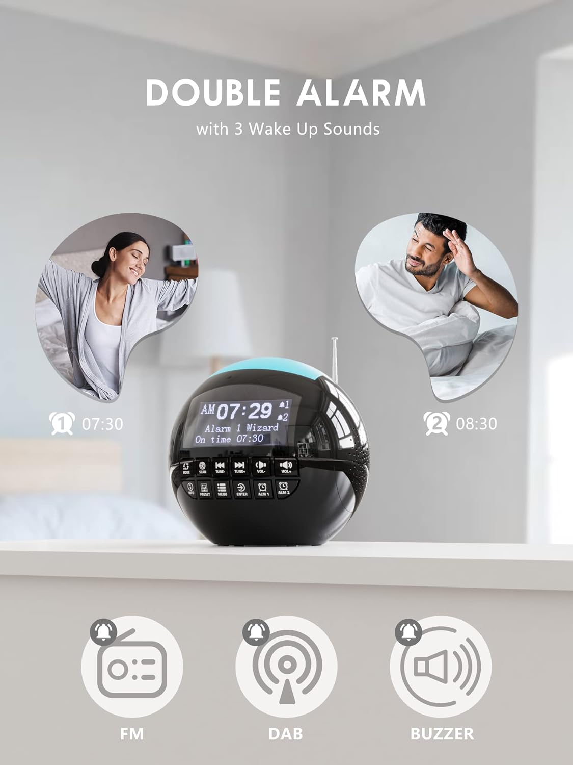 ROCAM CR1002 DAB Digital Alarm Clock Radio with a smartphone and wireless earbuds case connected to its USB-A and USB-C charging ports.