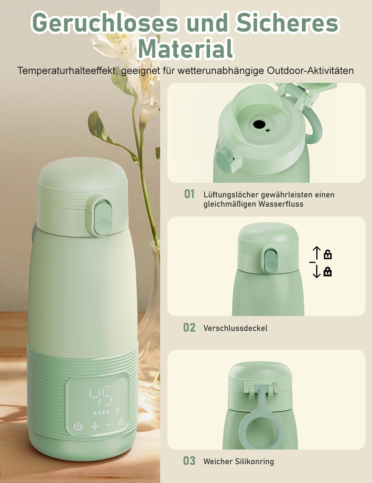 Tragbarer Flaschenwärmer, 500ml Flaschenwärmer Baby Unterwegs Präzise Temperaturkontrolle 37 Bis 55 Grad Einstellbar für Reisen Nachtfütterung (Grün)