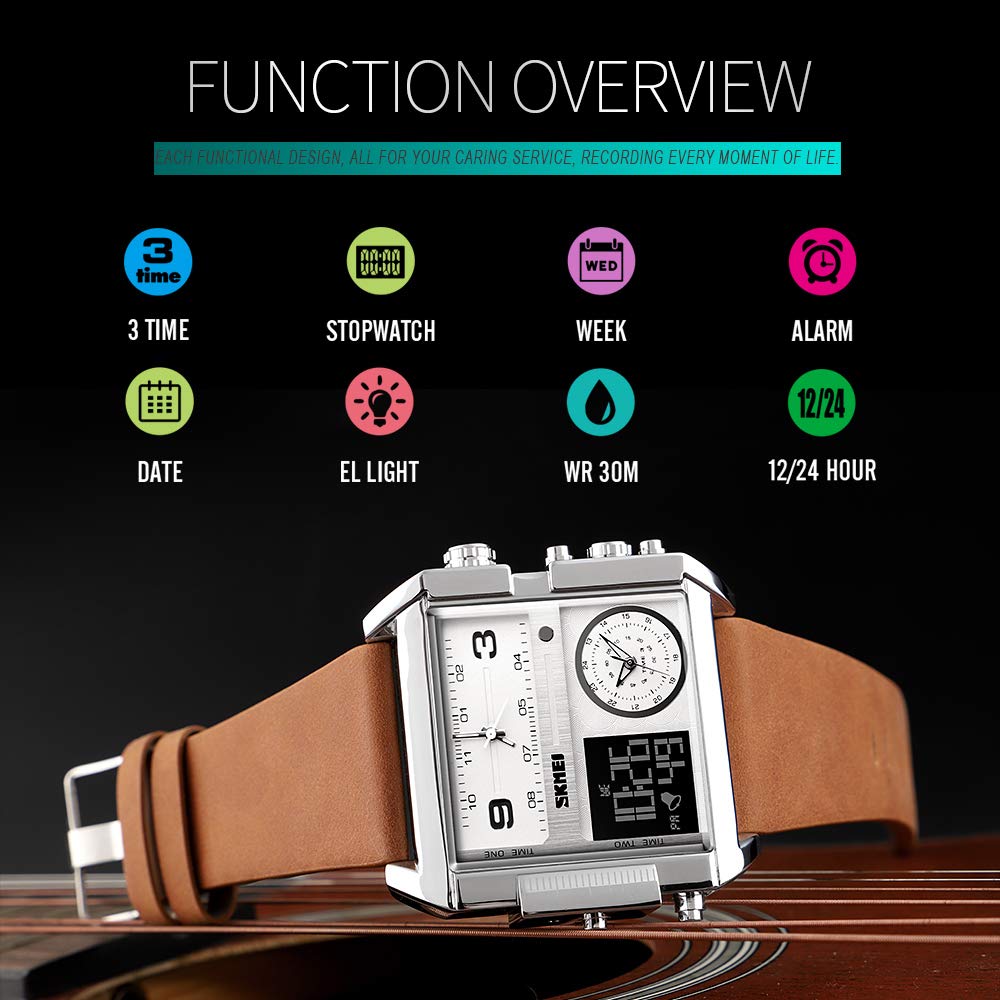SKMEI Reloj deportivo digital para hombre, LED, cuadrado, esfera grande, analógico, de cuarzo, con cronómetro impermeable multizona horaria, Marrón plateado, Digital