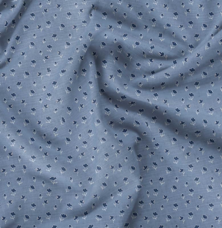 Soimoi Floral Print - Blue, Pure Silk Fabric - 42 Inch Wide, 1 Meter, Lightweight Material, Perfect for Elegant Dresses, Sarees, Scarves