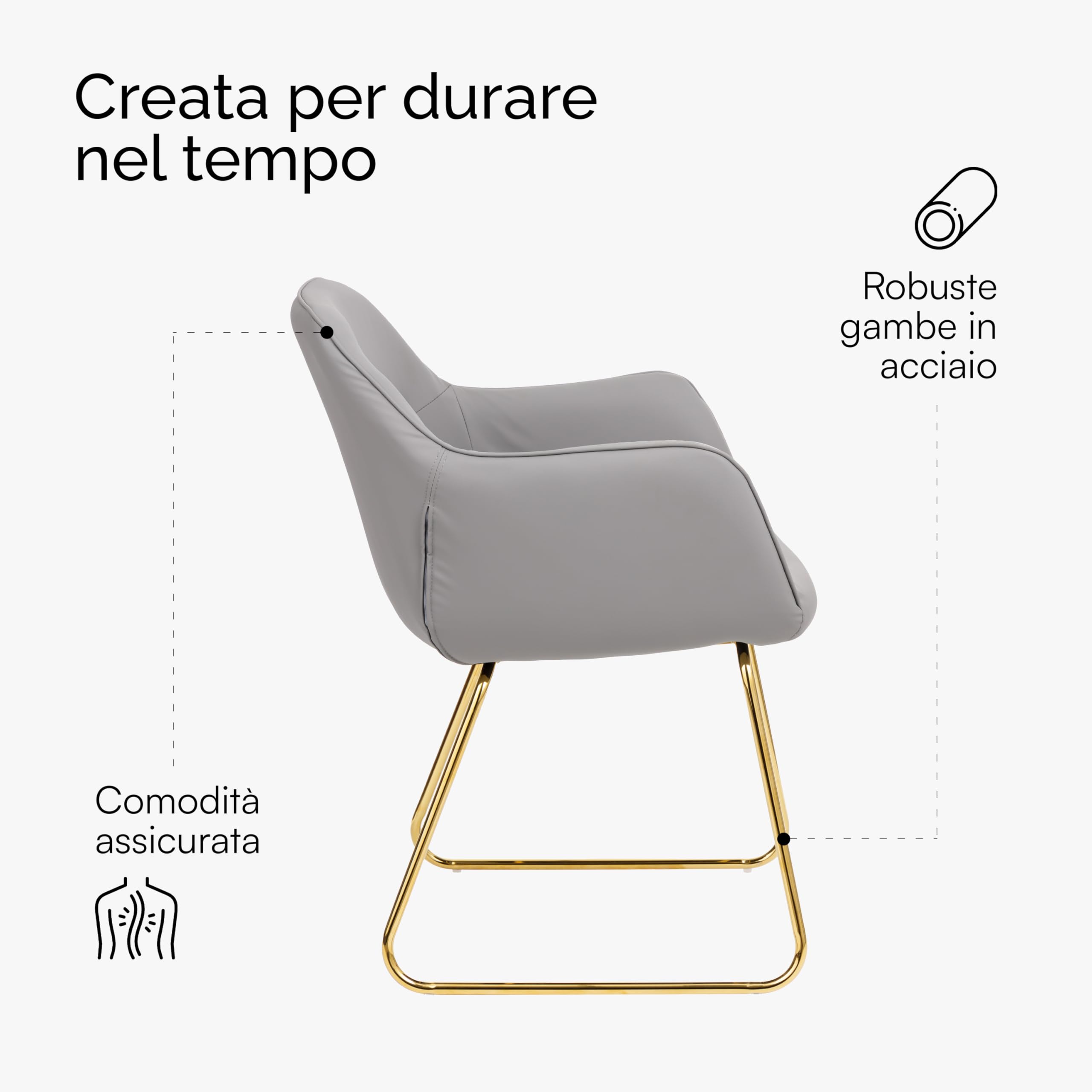 Baroni Home Poltrona Moderna con Braccioli e Rivestimento in Ecopelle e Gambe in Acciaio Oro, Seduta da Soggiorno, Camera da Letto, Angolo Lettura, Grigio, 55x84x47 cm
