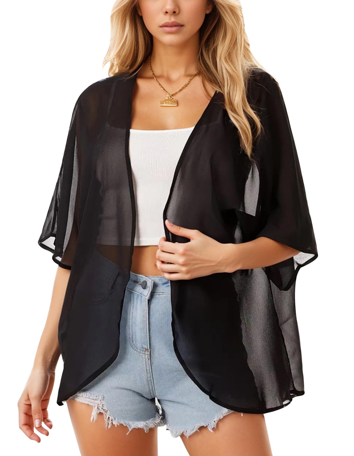 Womens Floral Print Puff Sleeve Kimono Cardigan Loose Cover Up Casual Blouse Tops