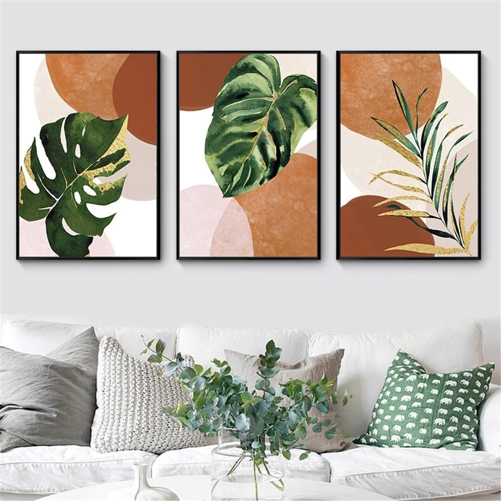 HURCP Set Of 3 Canvas Poster BohoTropical Green Gold Plant Monstera Leaves Modern Abstract Terracotta Wall Art Prints Gift Bedroom Living Room Dorm Gallery Corridor Decor Picture,A2 (42X60CM)