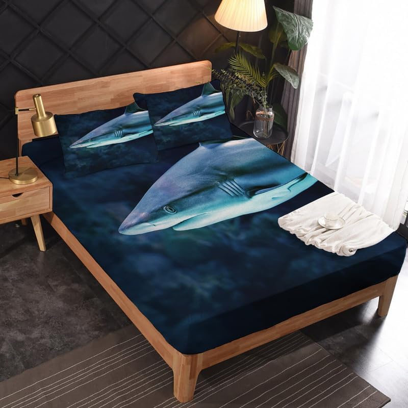 Miniatura 2 de Juego de sábanas de tiburón tamaño Queen, gran sábanas de microfibra suave, bolsillo profundo, sábanas y fundas de almohada estampadas sin arrugas,
