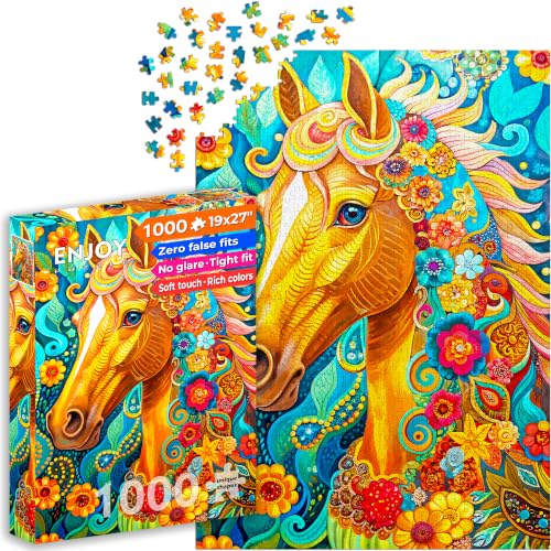 Puzzle 1000 pièces pour Adultes - Portrait de Cheval à la crinière Fleurie | Finition Mate antireflet | Puzzle Amusant et exigeant | 68 x 48 cm | Cadeau Original | Enjoy