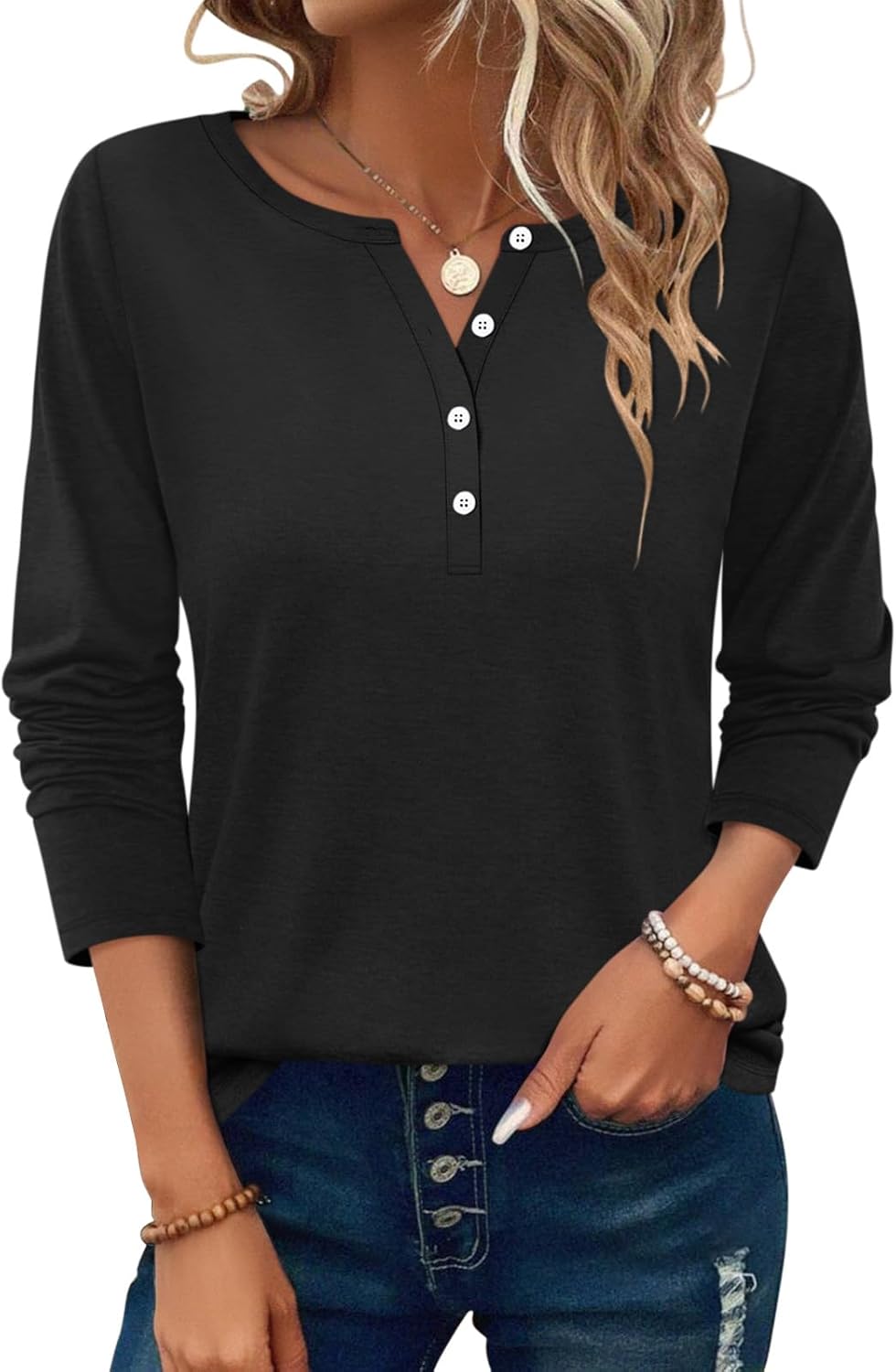 PGANDS Women's Long Sleeve Button Down T Shirts Scoop Neck Casual Tunic Tops