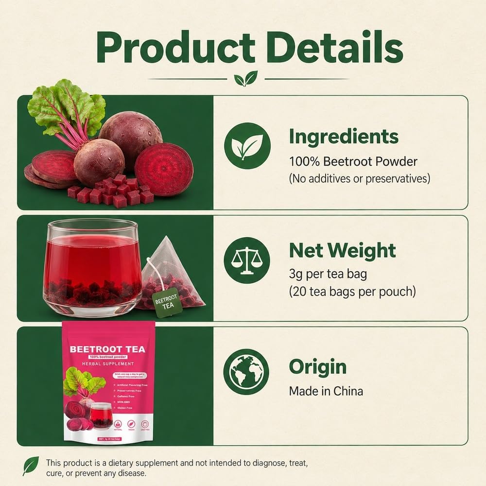 Herbata Ziołowa Z Buraka 100% Naturalny Bezglutenowy Napój Bez Kofeinowy | Odwodniona herbata warzywno-owocowa do codziennej rutyny wellness(3pcs)