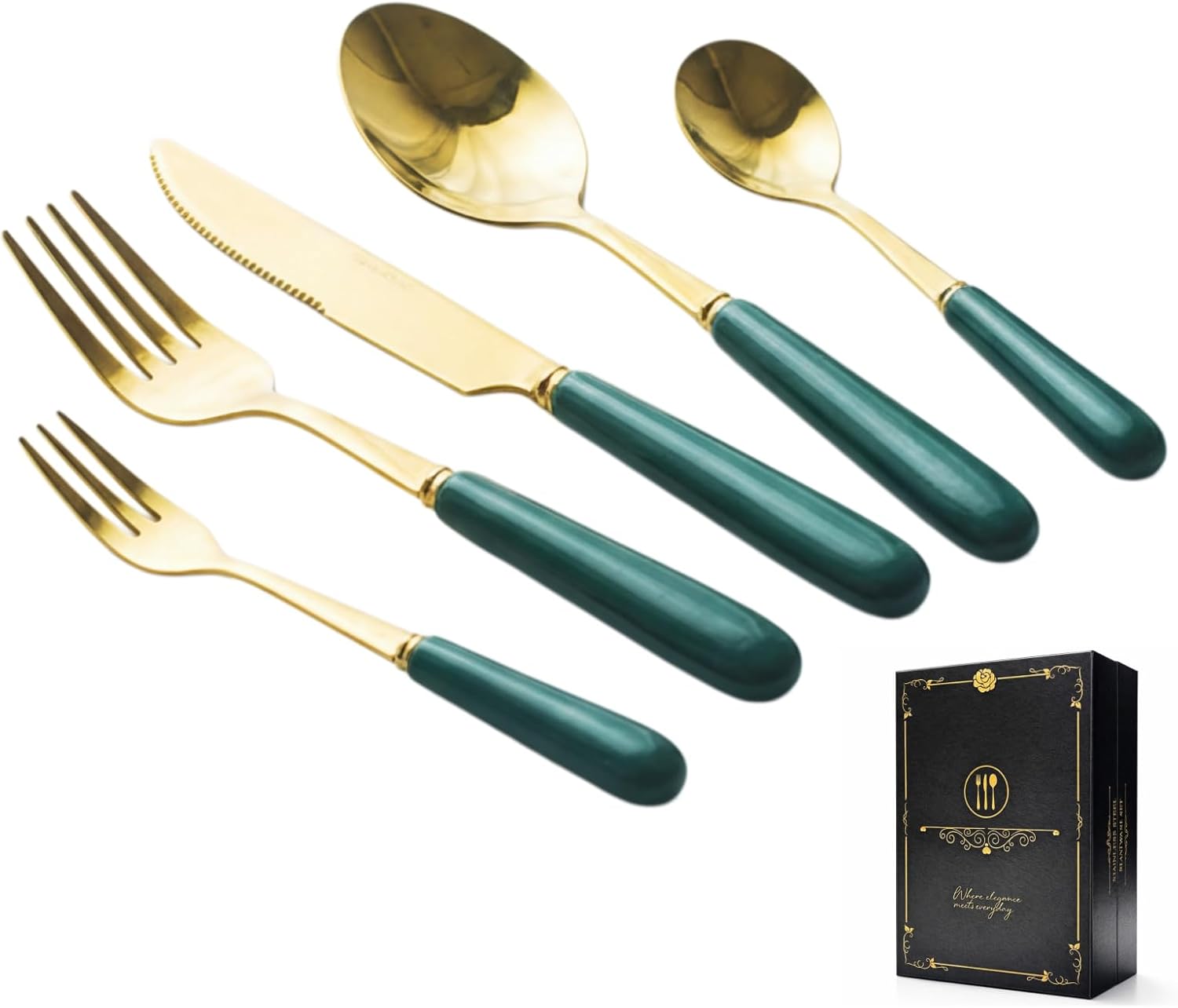 Gold Silverware Set for 6, 30-Piece Stainless Steel Flatware with Emerald Green Ceramic Handles, Mirror Polished Dishwasher Safe Cutlery Set for Home Restaurant