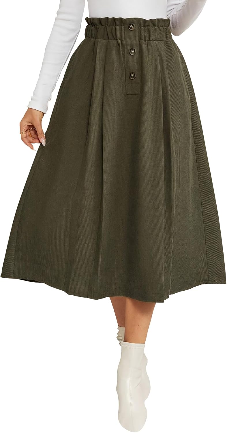 IDEALSANXUN Womens Corduroy Skirts Fall Winter High Waisted A Line Pleated Midi Skirt