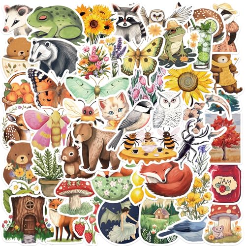 ZenithBurst Waldtier Freunde Ästhetische Aufkleber, 50 Stück wasserdichte Tiere Sticker für Wasserflaschen, Laptop, Scrapbook