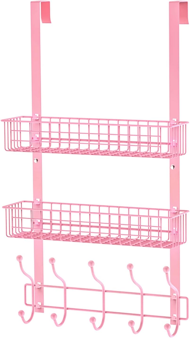 Coat Rack, Over The Door Hanger with Mesh Basket, Detachable Storage Shelf for Towels, Hats, Handbags, Coats (Pink-2 Baskets)