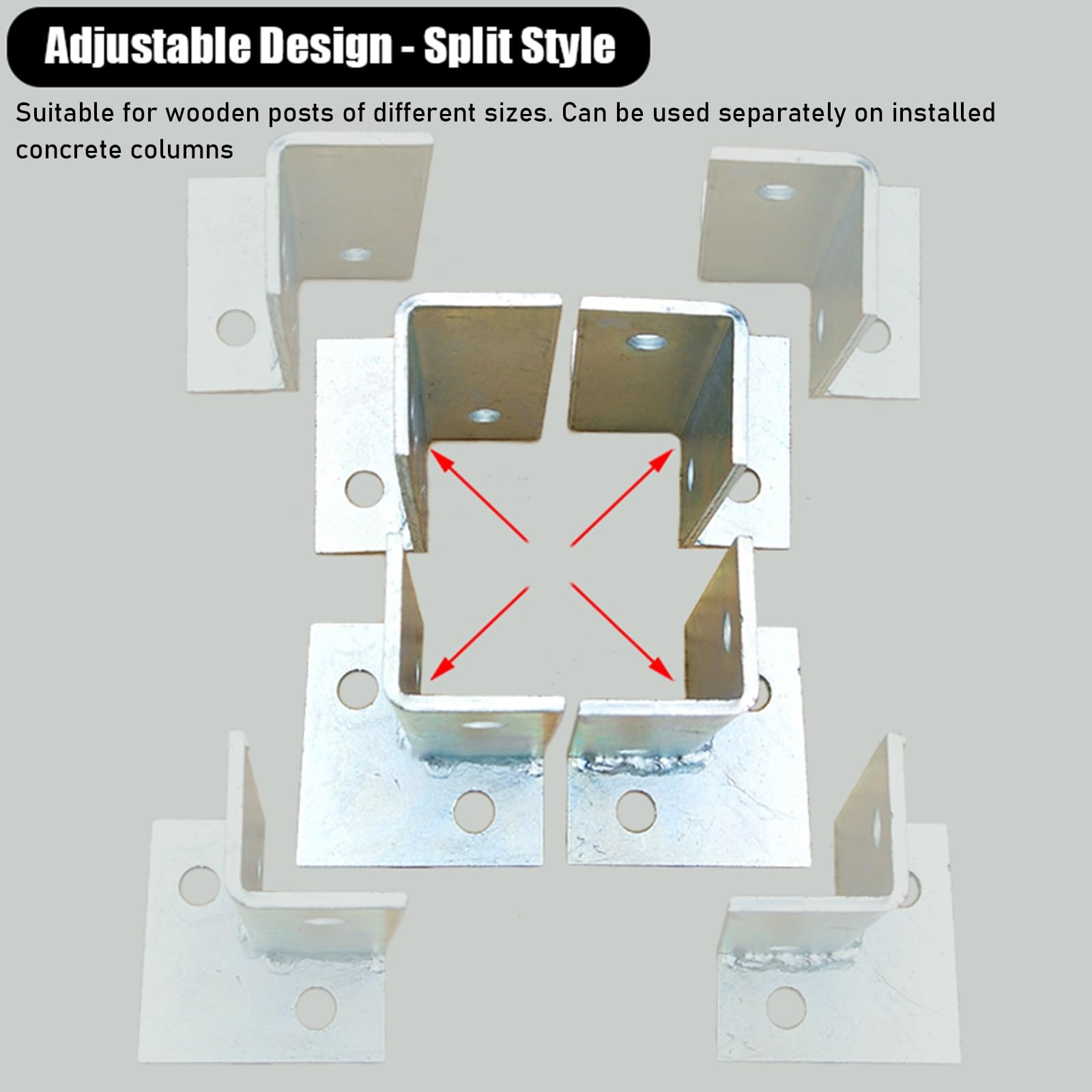 Kit de soporte para postes de valla de madera, zapatos de base de poste divididos ajustables con pernos de hormigón para barandillas de cubierta y montantes - Soportes de anclaje de metal