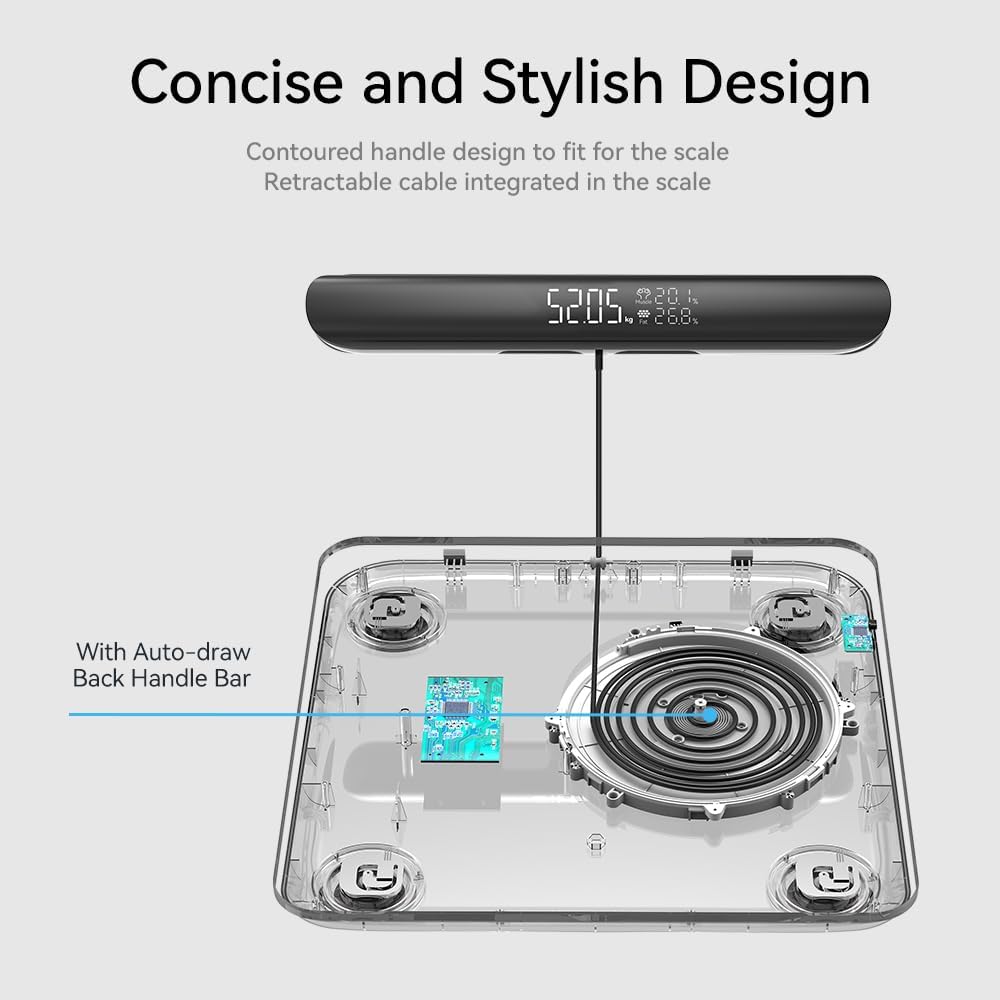 Balance Pèse Personne Connectée Impédancemètre Avec 8 Électrodes Haute Précision, 29 Données Corporelle Écran sur la Poignée Avec APP pour Andriod et iOS, Max. 180kg/400lb/28st, 30 * 35CM