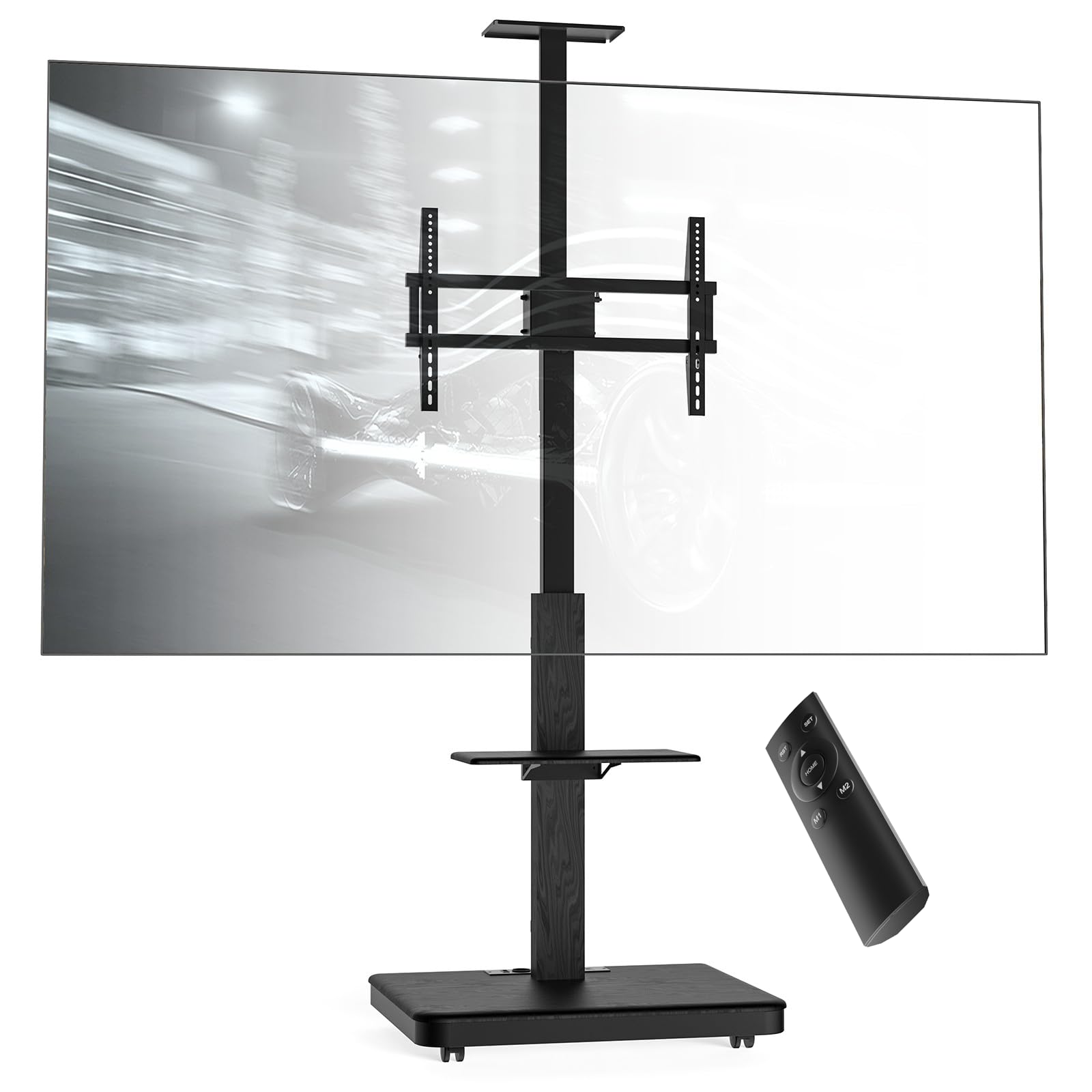 Elite mobiler, elektrischer TV Ständer für 40-86 Zoll und max. 60 kg, motorisierter TV Lift mit stufenloser Höheneinstellung via Fernbedienung, max. VESA 600x400, mit Ablagen und Steckerleiste