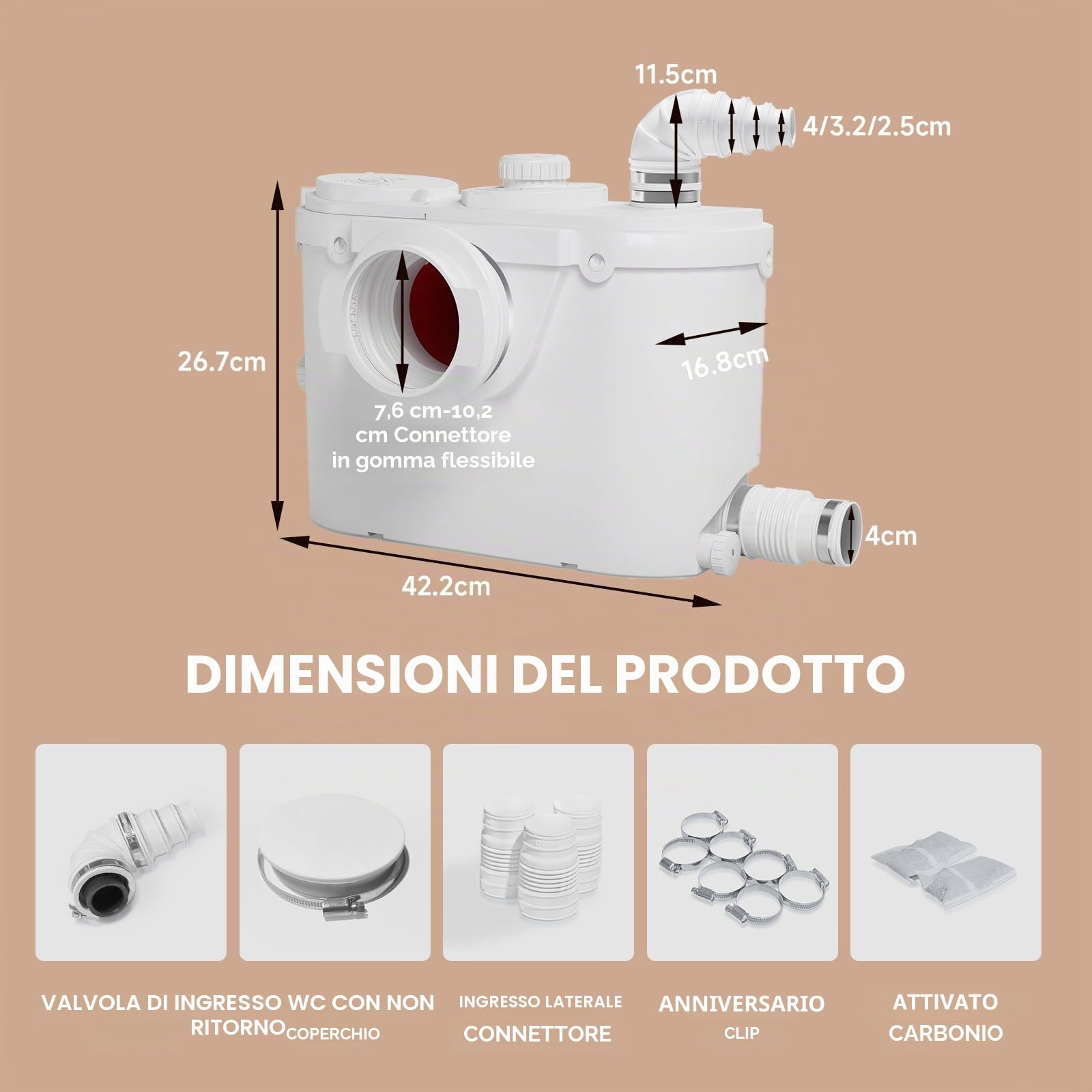 Pompa trituratore per cantina, pompa per WC con motore in rame per sotto la linea 23 piedi/7 m, sistema di lavaggio verticale/orizzontale, 4 ingressi per lavello, doccia/lavandino,500W