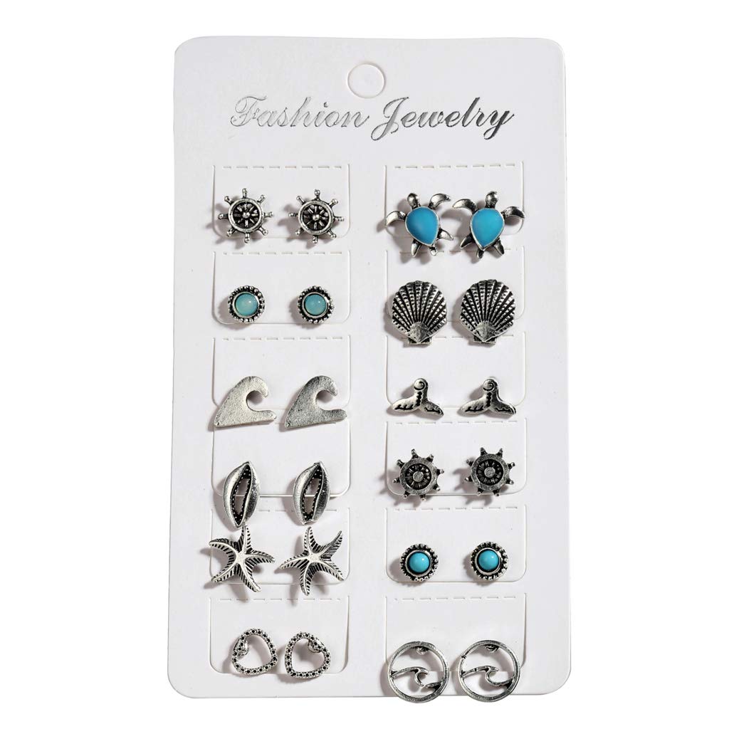 Gwxevce 12 Pairs Mixed Turtle Starfish Shell Small Stud Earrings Set Women Boho Jewelry