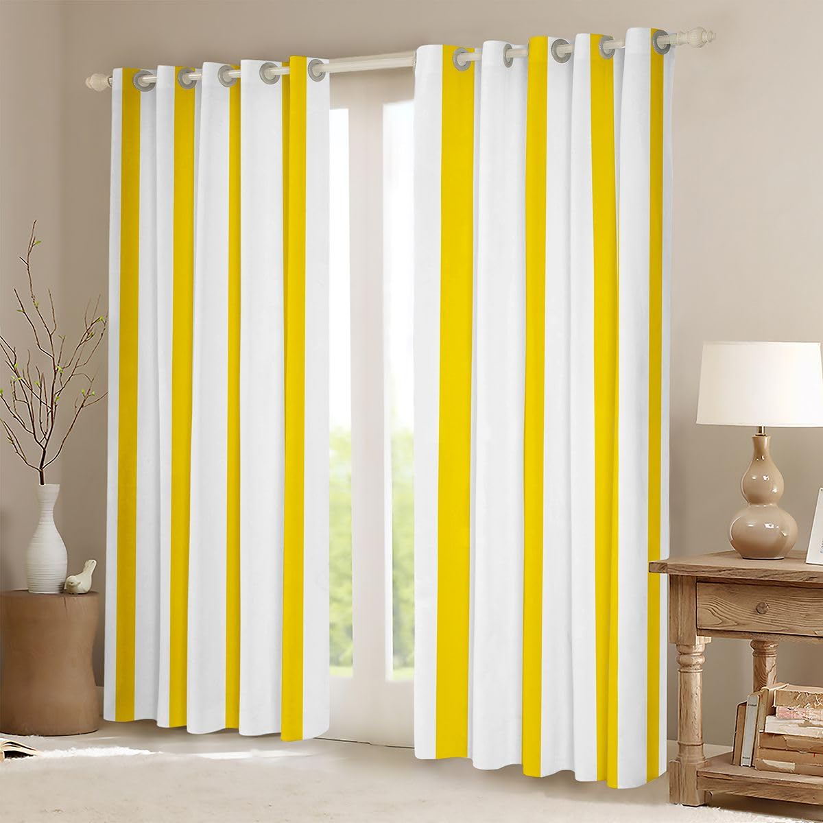 Homewish Rideau Occultant 140x245 cm Rayé Minimaliste Jaune et Blanc Rideau Rayures Neutres Abstraites Rideaux Voilage Ferme Moderne Voilage Fenetre Imprimé Rayures Simples Classiques