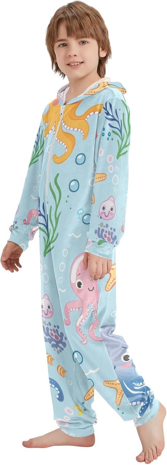 Cute Cartoon Sea CreaturesUnisex OnesieZip Up Hooded Boys Blanket Sleeper Pjsfor Parties Sleepovers