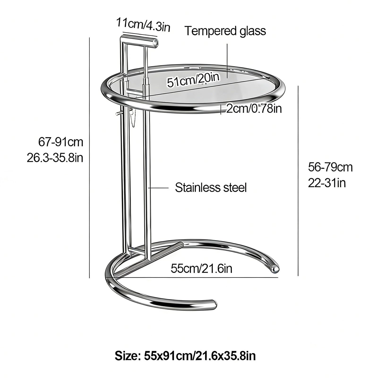 Runder Beistelltisch Aus Glas, Beistelltisch Aus Edelstahl, Snack-Beistelltischs, Nachttisch, C-Förmiger Beistelltischs Für Couch, Wohnzimmer, Schlafzimmer (Silver Clear)