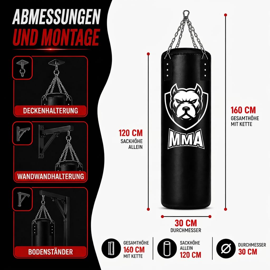 Boxsack Komplett-Set - Nachfüllbar Deckenbefestigung Boxbandagen & Reflexball inklusive Hängender Punching Bag für Box Kickbox MMA Muay Thai Ideal für Zuhause Erwachsene & Jugendliche