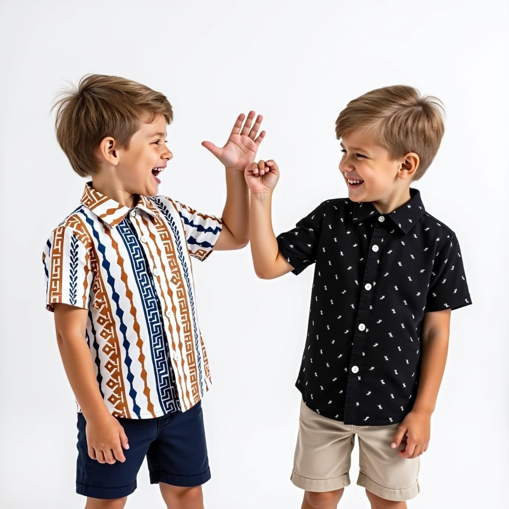 VANI COUTURE Boys Short Sleeve Button Down Shirts, Plaid Pattern, Pack of 2, Brown-Navy and Pink-Blue Check 2