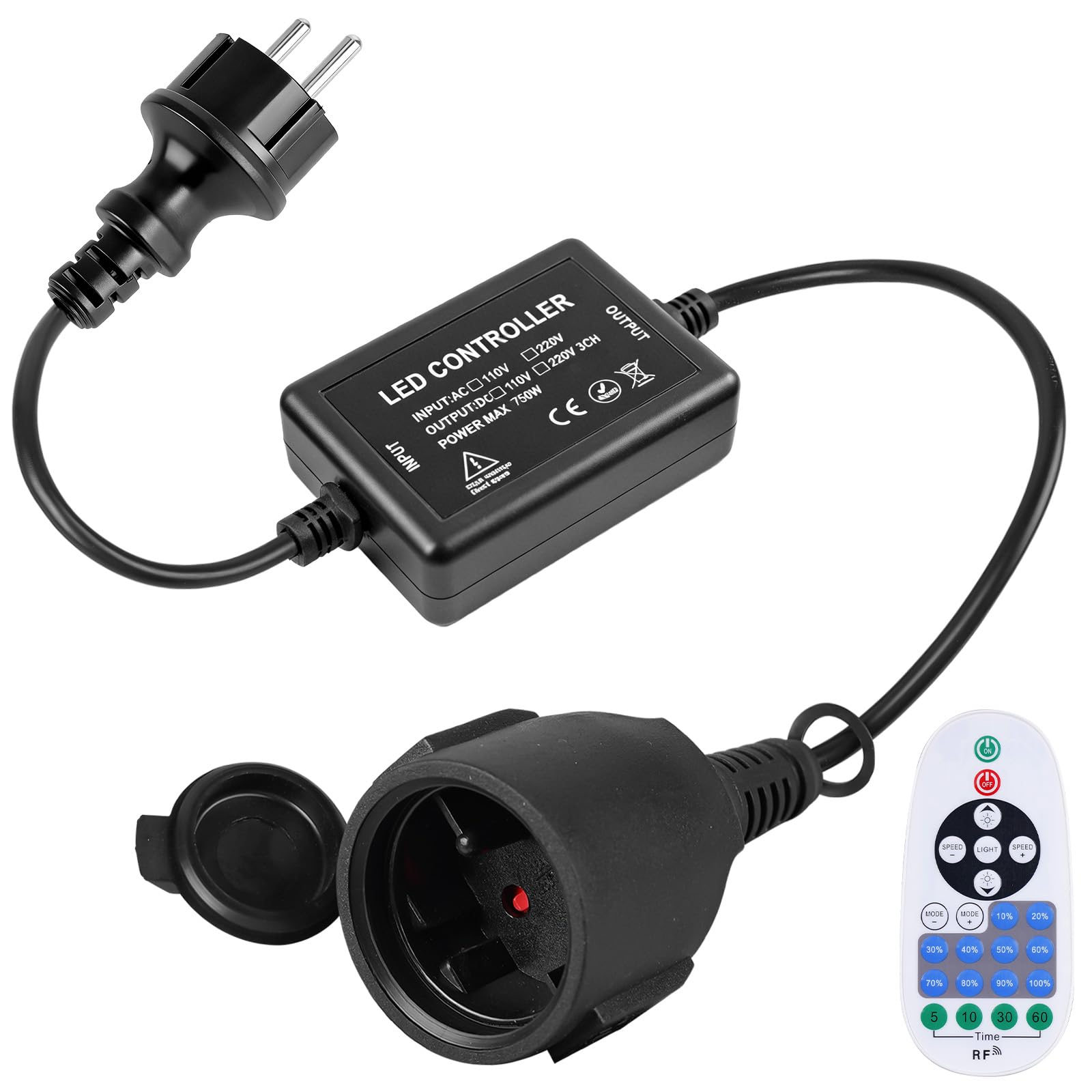 750W LED Lichterketten Dimmer mit Fernbedienung, AC 220-240V Plug-in Switch Dimmer Dimmersteckdose für dimmbare Lichtleisten & Lampen, 23-Tasten- Fernbedienung + Zeitschalter, Indoor/Outdoor Baumarkt