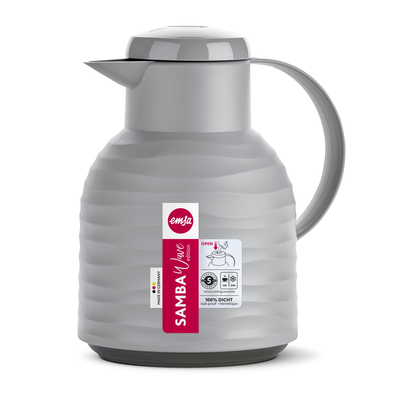 Emsa N40109 Samba Wave Isolierkanne | Quick-Press Kunststoff | Glas-Isolierkolben | Kaffeekanne: 12h heiß/24h kalt | 100 % dicht | Wave stone