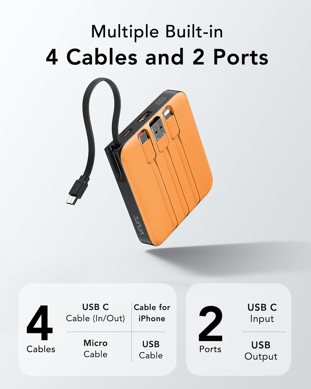 A person holding an iPhone 17 Pro Max connected to the VRURC portable charger, illustrating 22.5W fast charging capability.