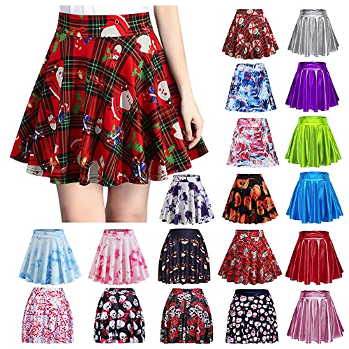 Skirts for Women Trendy Vintage Pleated Skirts Christmas Print Stretchy High Waist A-line Plaid Mini Skater Fall Skirt