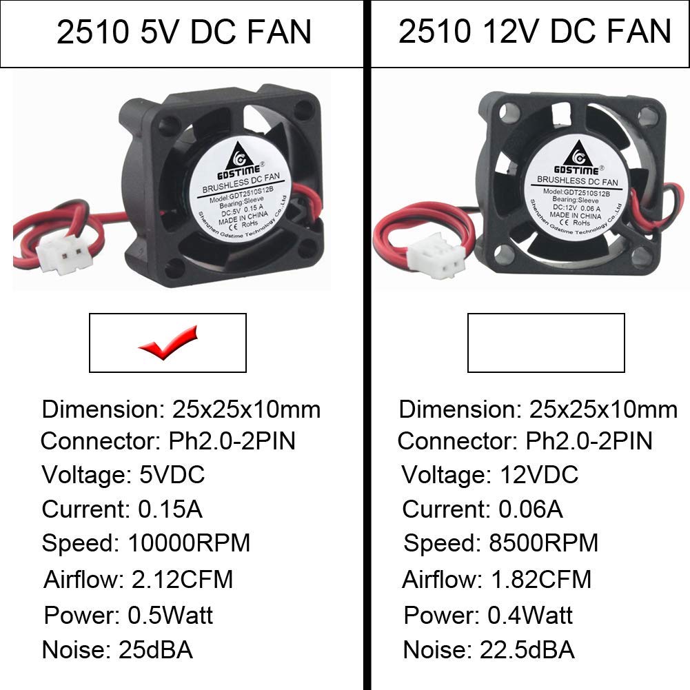 5 x GDT mini Cooler 12V 2pin 2510 25x25x10mm DC Cooling Fan micro brushless c7 e