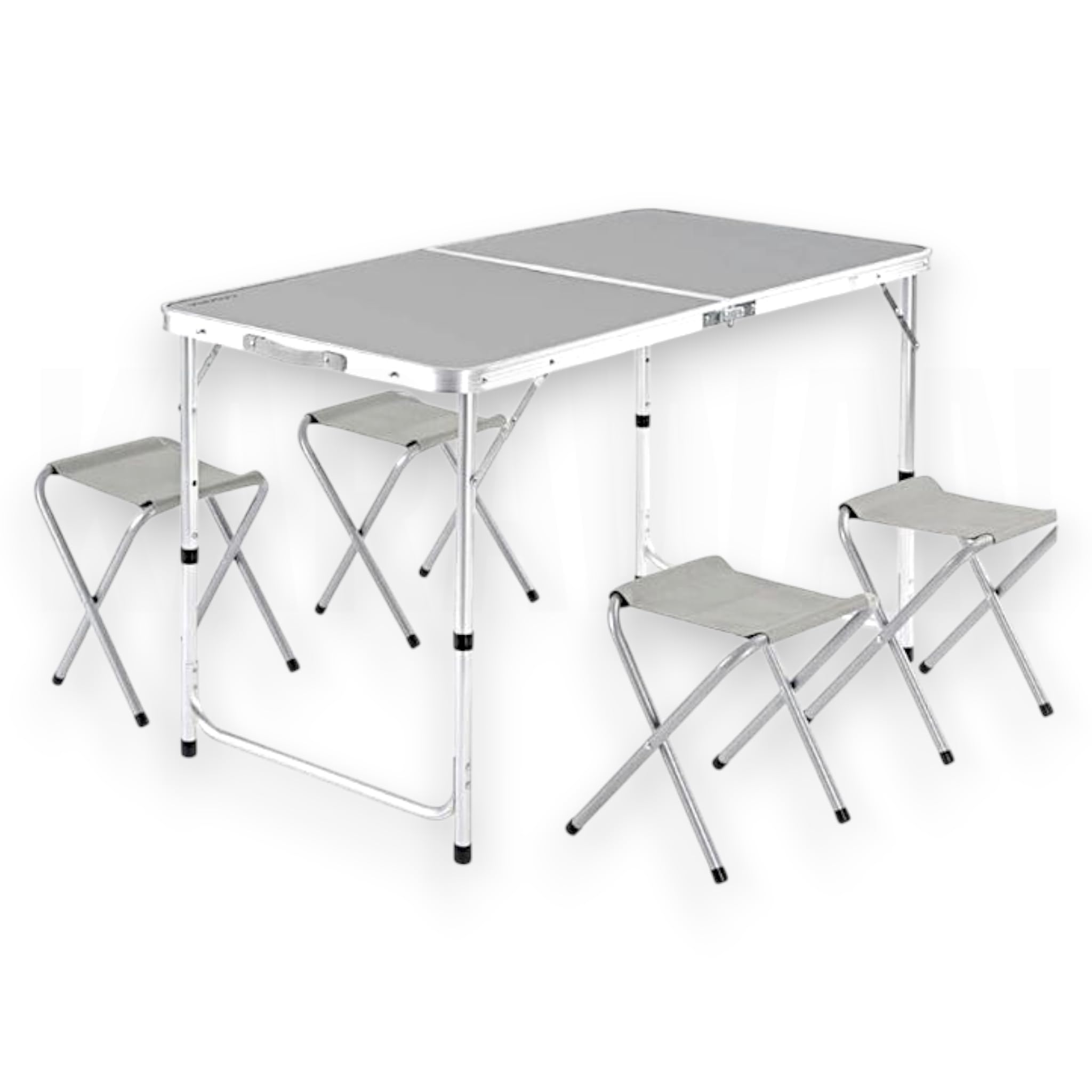 Genérico Mesa Plegable con 4 Sillas de Camping, Aluminio, 120x60x70 cm, Portátil, Rectangular, Gris y Plateado, Resistente a la Corrosión