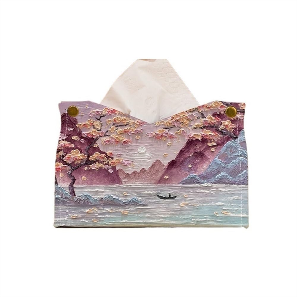 Tissue Case Tissue Box Oil Painting Cover PU Leather Facial Dispenser Holder for Living Room Desktop Decorative Tissue Dispenser(Purple)