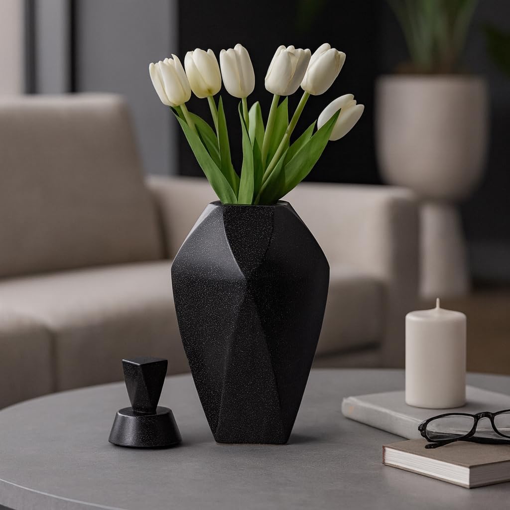 Decorative Sculptural Ceramic Jar with Lid for Living Room Decor - Elegant Home Accent for Bedroom, Office Desk, or Console Table Decor - Versatile Flower Vase for House Decoration - 23" Black