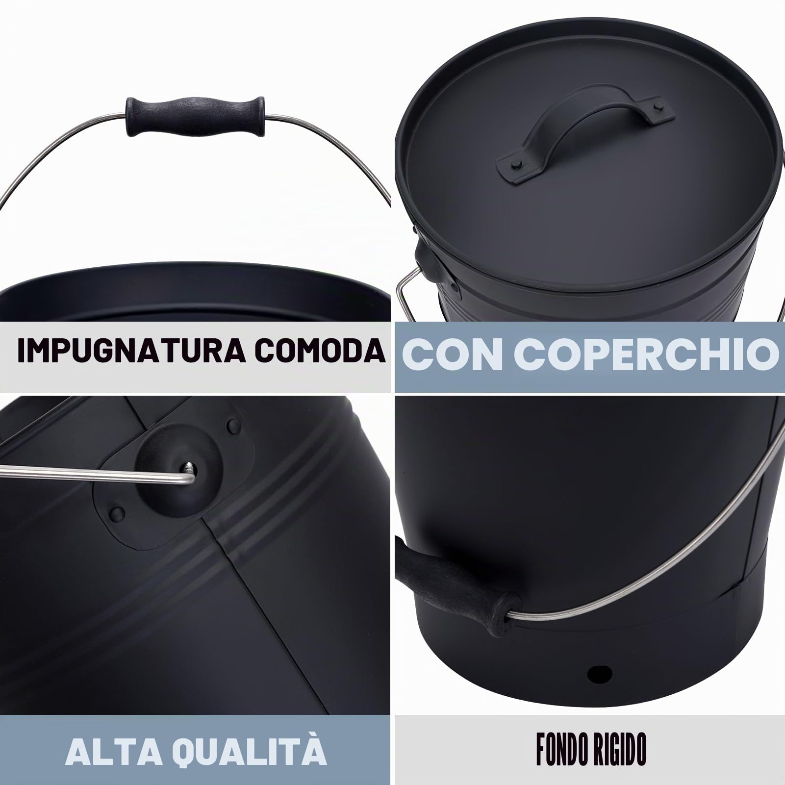 INNO STAGE Secchio per cenere con coperchio e manico in legno Pala per carbone, secchio porta cenere per caminetto, braciere, stufa a legna nera