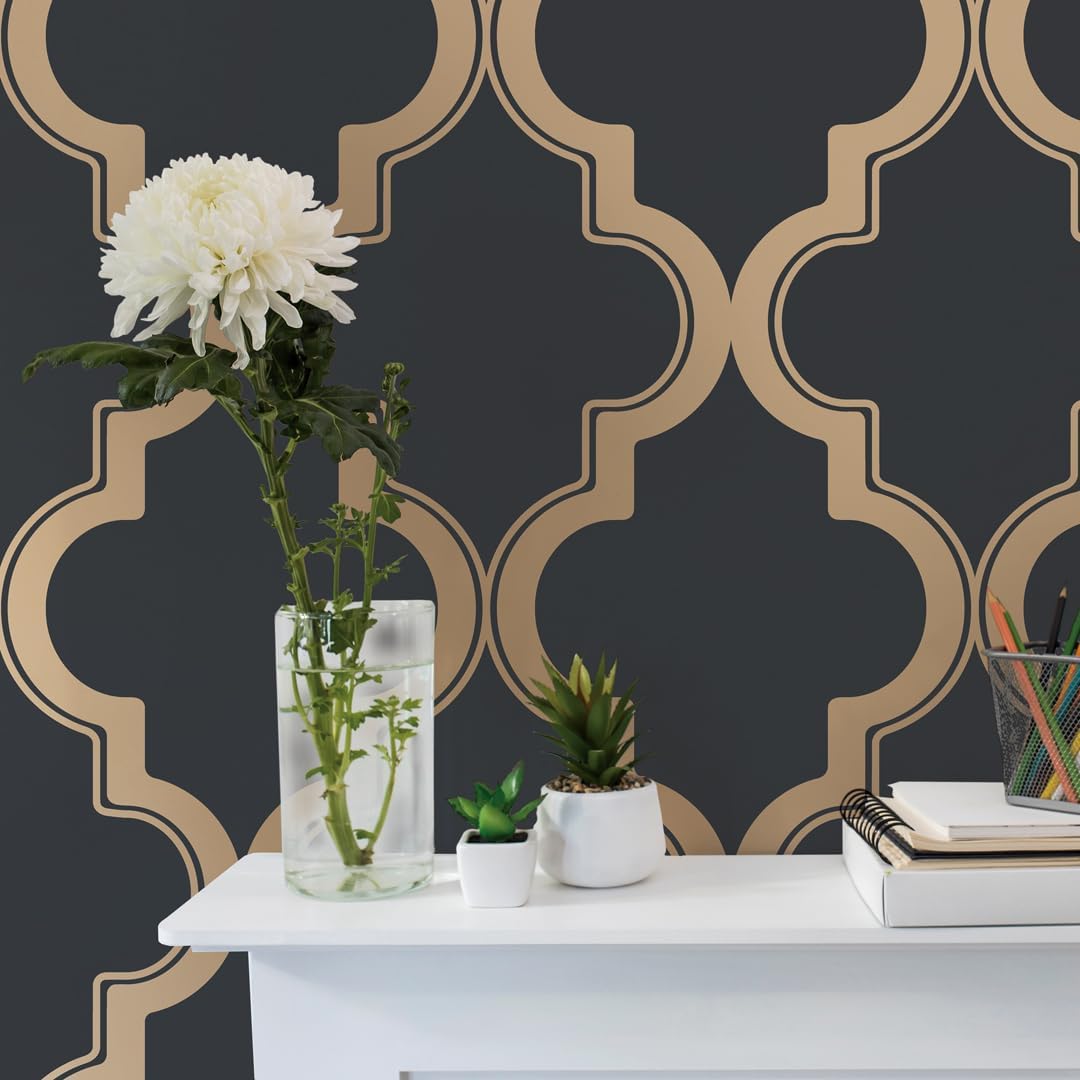 Tempaper Midnight & Metallic Gold Marrakesh Removable Peel and Stick Wallpaper, 20.5 in X 16.5 ft, Made in the USA