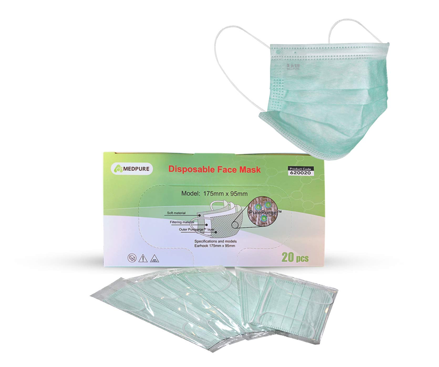 MedPure Face Masks: 3ply-Non-woven-Disposable-Individually Wrapped-BFE 99.8% & PFE 98%